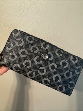 Coach Black and Gray Signature Zip Wallet